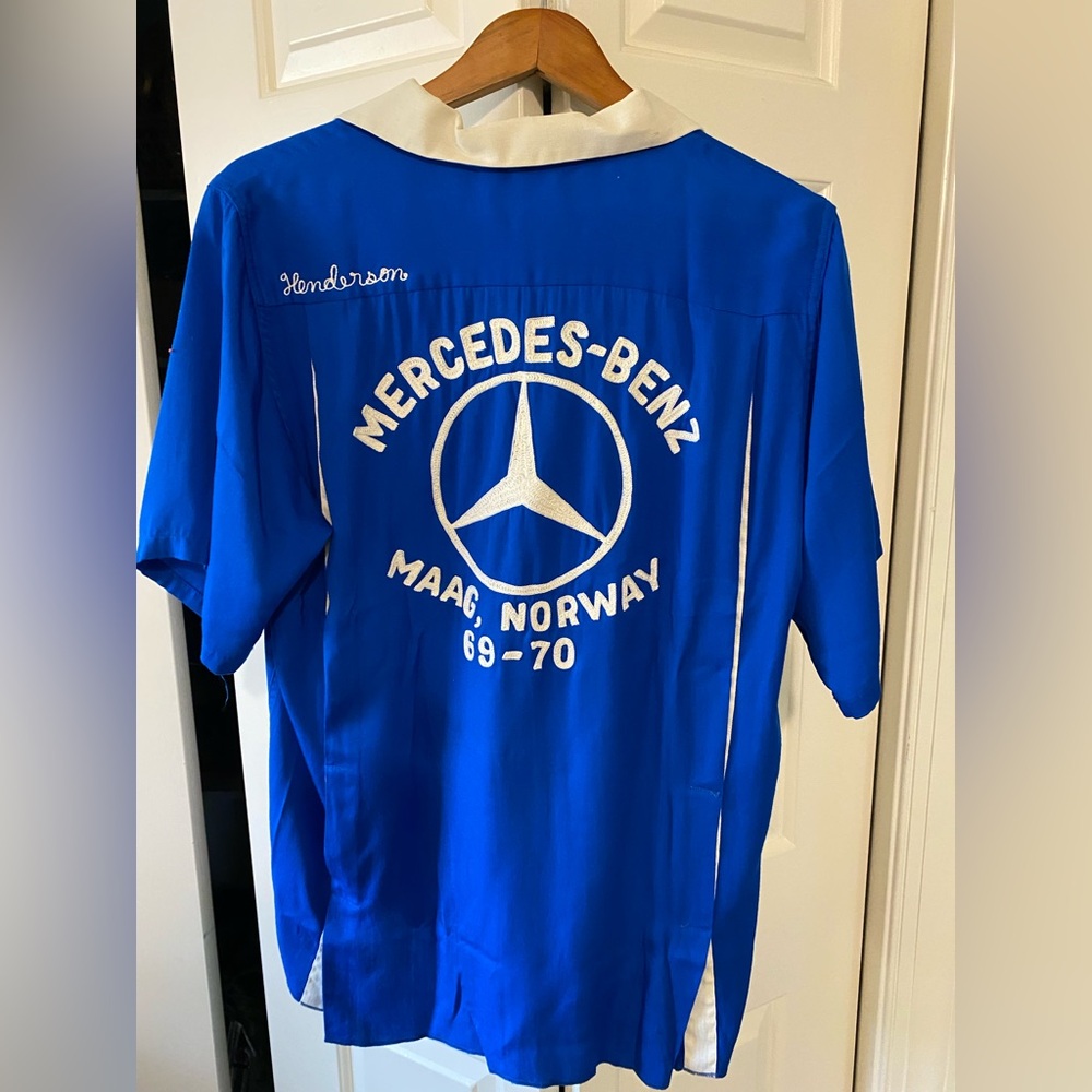 Vintage Royal Blue Mercedes-Benz Sponsored Men's Team Bowling Shirt c 1969-70